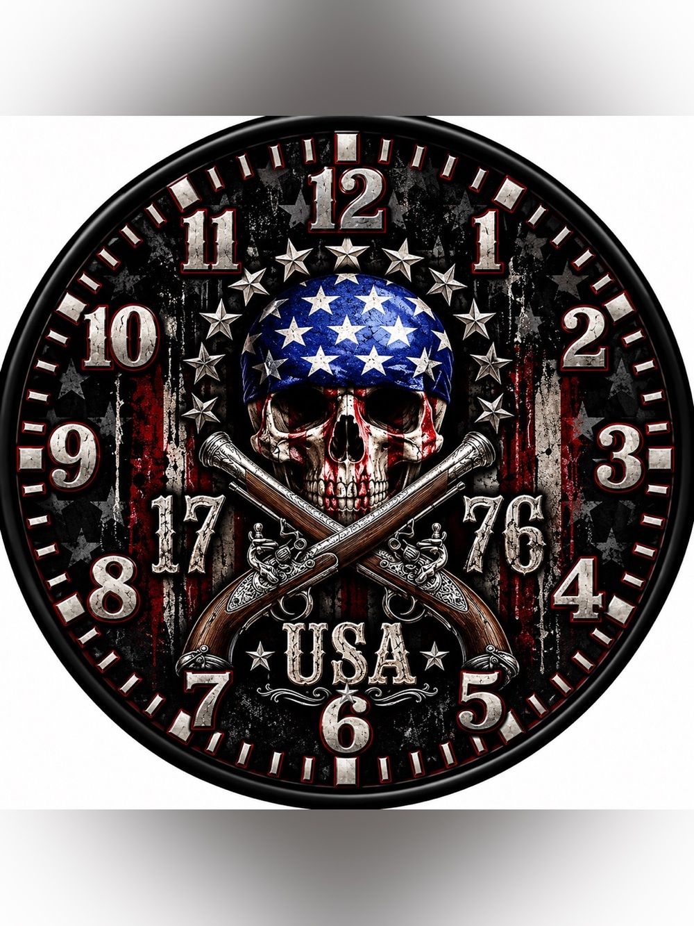 Patriotic Skull USA 9” Wall Clock Art - Red, White & Blue